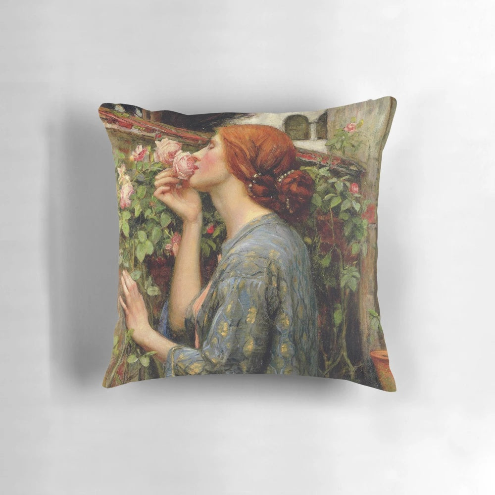 Decorative pillow featuring 'The Soul of the Rose' painting by Pre-Raphaelite artist John William Waterhouse