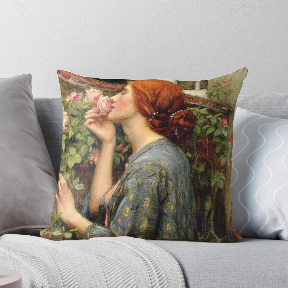 Decorative pillow featuring 'The Soul of the Rose' painting by Pre-Raphaelite artist John William Waterhouse