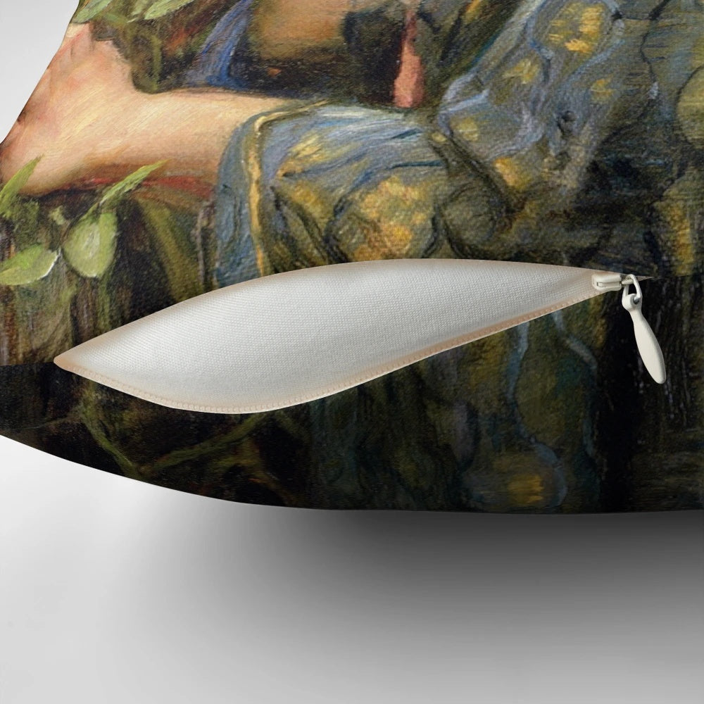 Decorative pillow featuring 'The Soul of the Rose' painting by Pre-Raphaelite artist John William Waterhouse