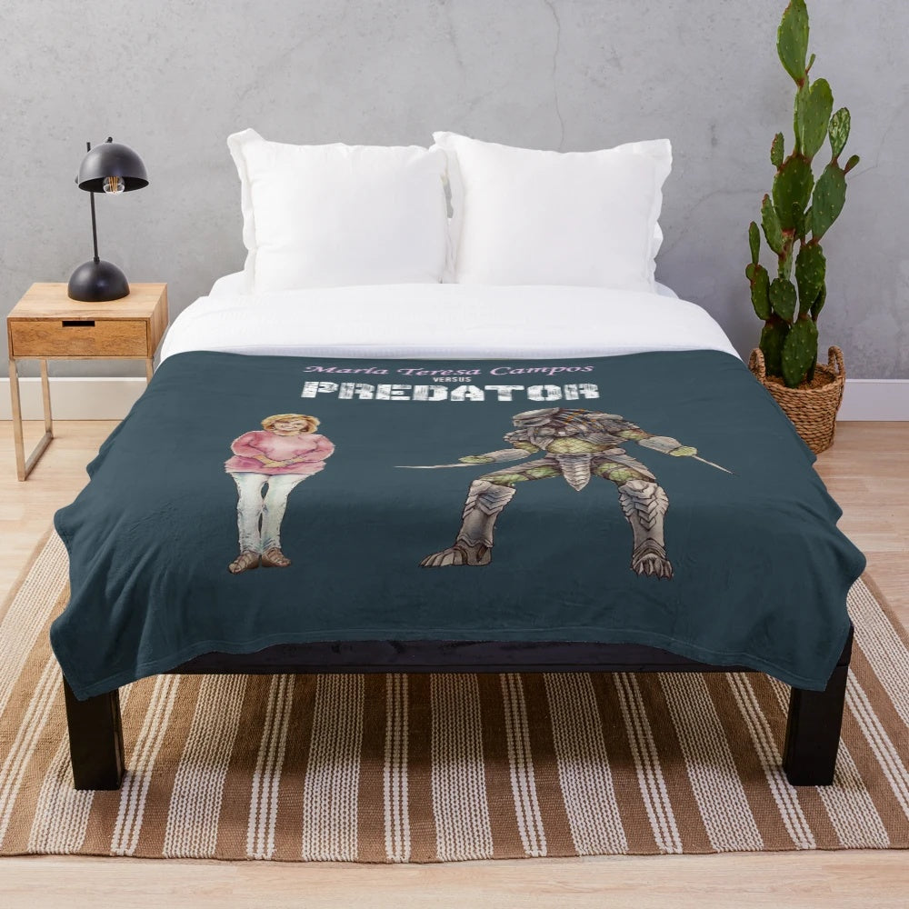 Predator inspired plush blanket featuring a humorous cinema and TV tribute