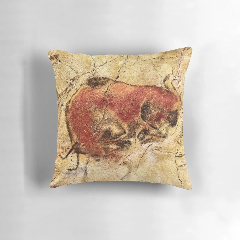 Altamira Bison 2 Square Pillow with prehistoric bison cave art design