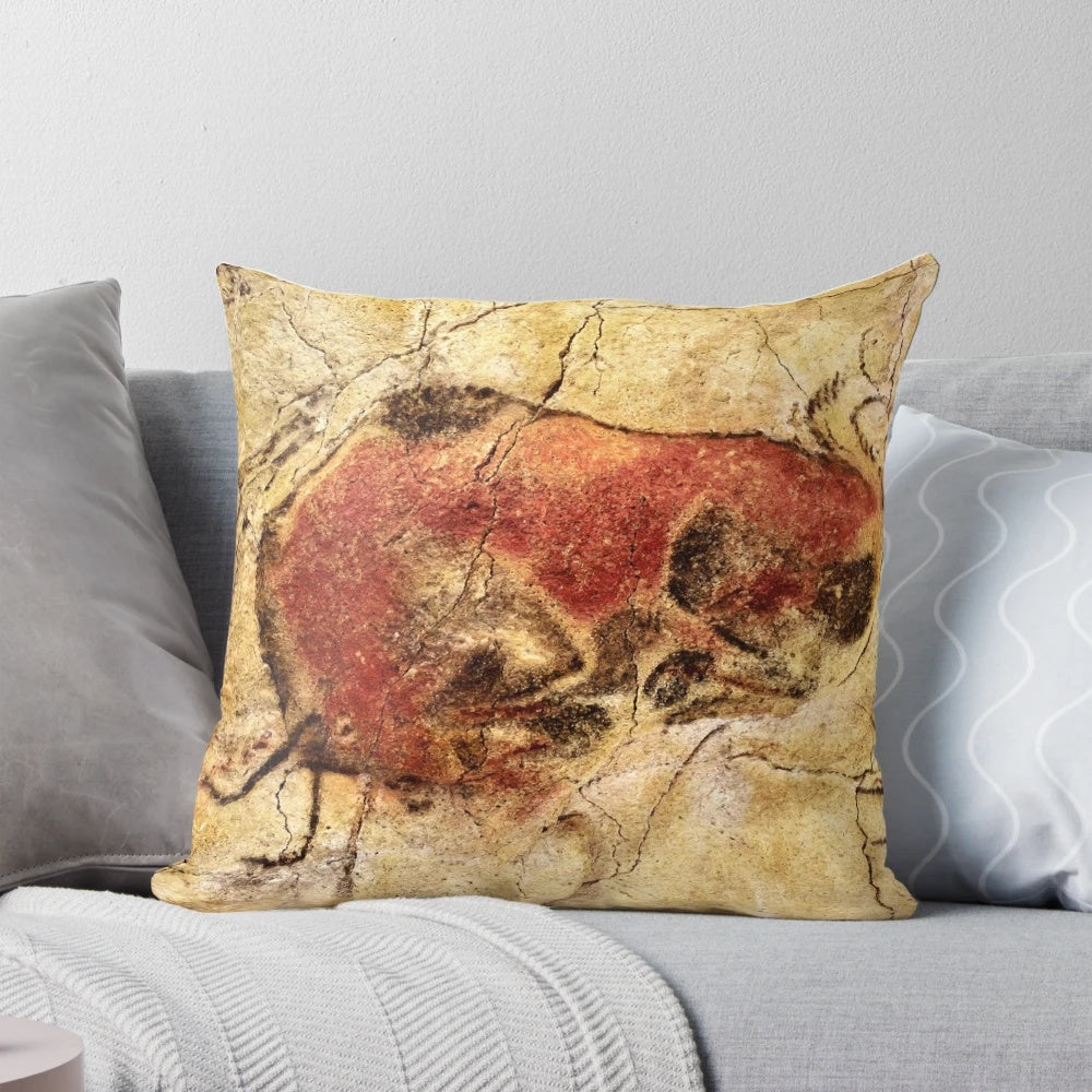 Altamira Bison 2 Square Pillow with prehistoric bison cave art design