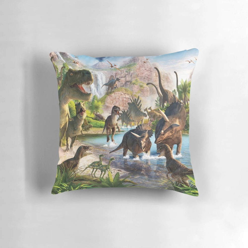 Vibrant throw pillow featuring a colorful dinosaur illustration in a lush, natural setting