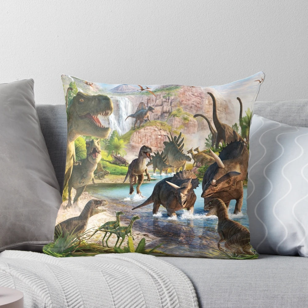 Vibrant throw pillow featuring a colorful dinosaur illustration in a lush, natural setting