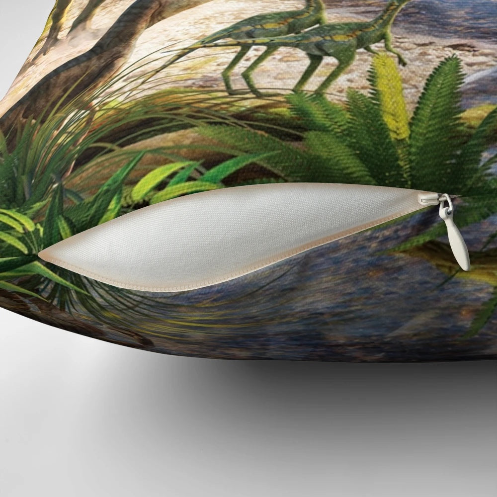 Vibrant throw pillow featuring a colorful dinosaur illustration in a lush, natural setting