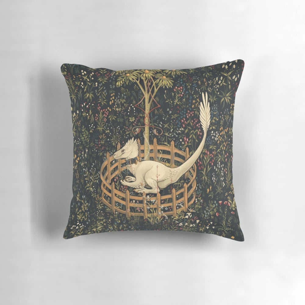 Plush dinosaur themed throw pillow with medieval design