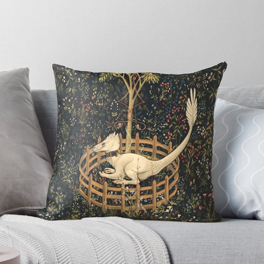 Plush dinosaur themed throw pillow with medieval design