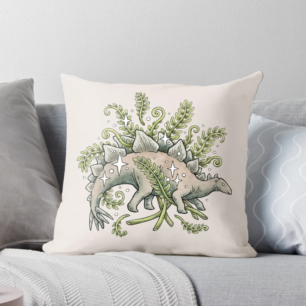 Vibrant pillow featuring a stegosaurus dinosaur surrounded by ferns in a botanical art design.