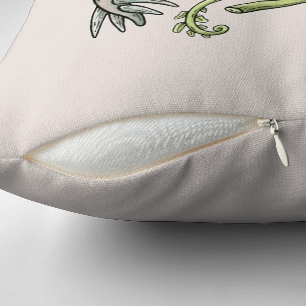 Vibrant pillow featuring a stegosaurus dinosaur surrounded by ferns in a botanical art design.