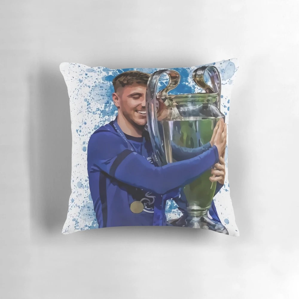 A plush, high-quality pillow featuring an image of Chelsea FC midfielder Mason Mount.