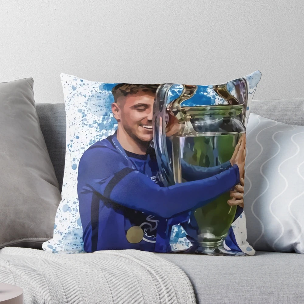 A plush, high-quality pillow featuring an image of Chelsea FC midfielder Mason Mount.