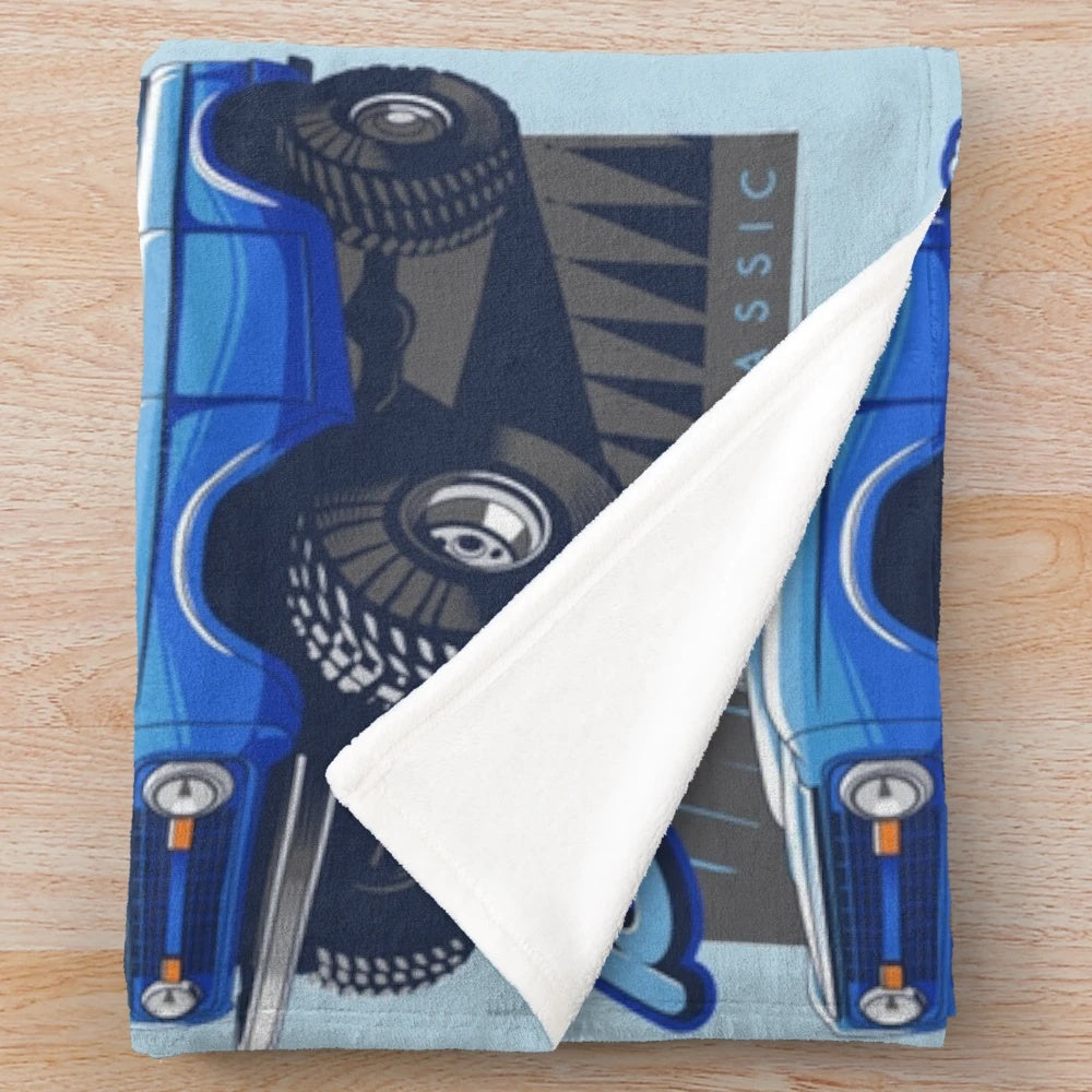 Blue plush blanket featuring a classic Ford Bronco design