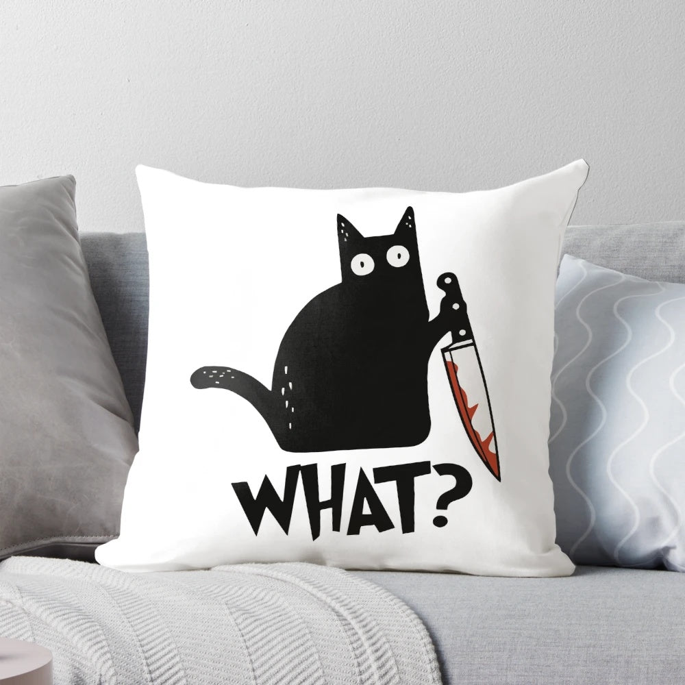 A premium pillow featuring a murderous black cat with a knife, perfect for cat lovers and halloween enthusiasts.