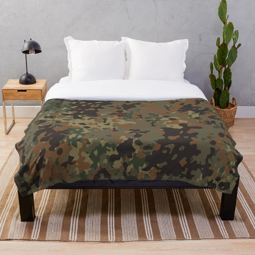 Flecktarn camouflage plush blanket for military-inspired home decor