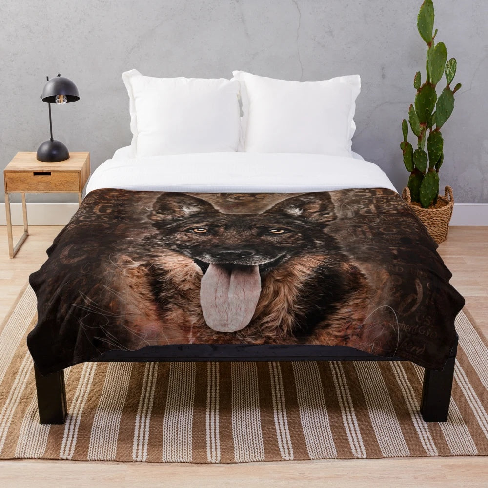 German Shepherd Dog Plush Blanket with Realistic GSD Artwork