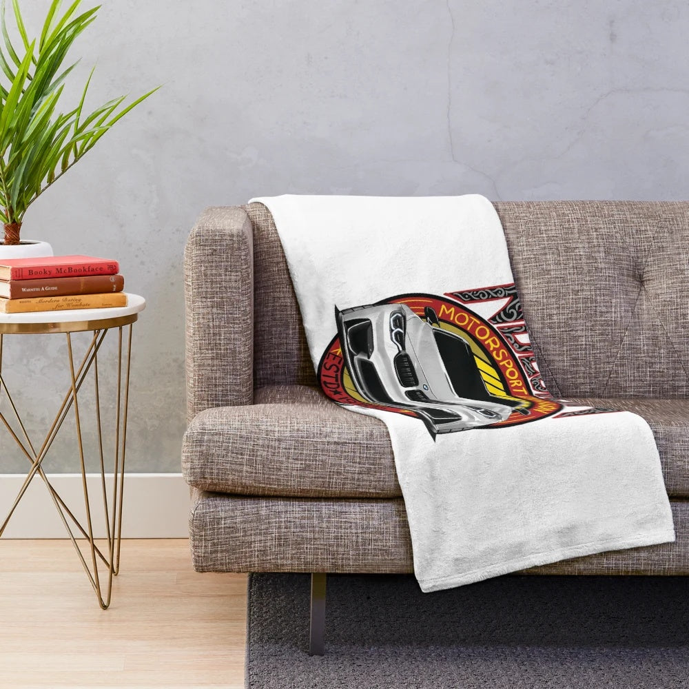 Premium white plush blanket featuring a luxury German sports car design