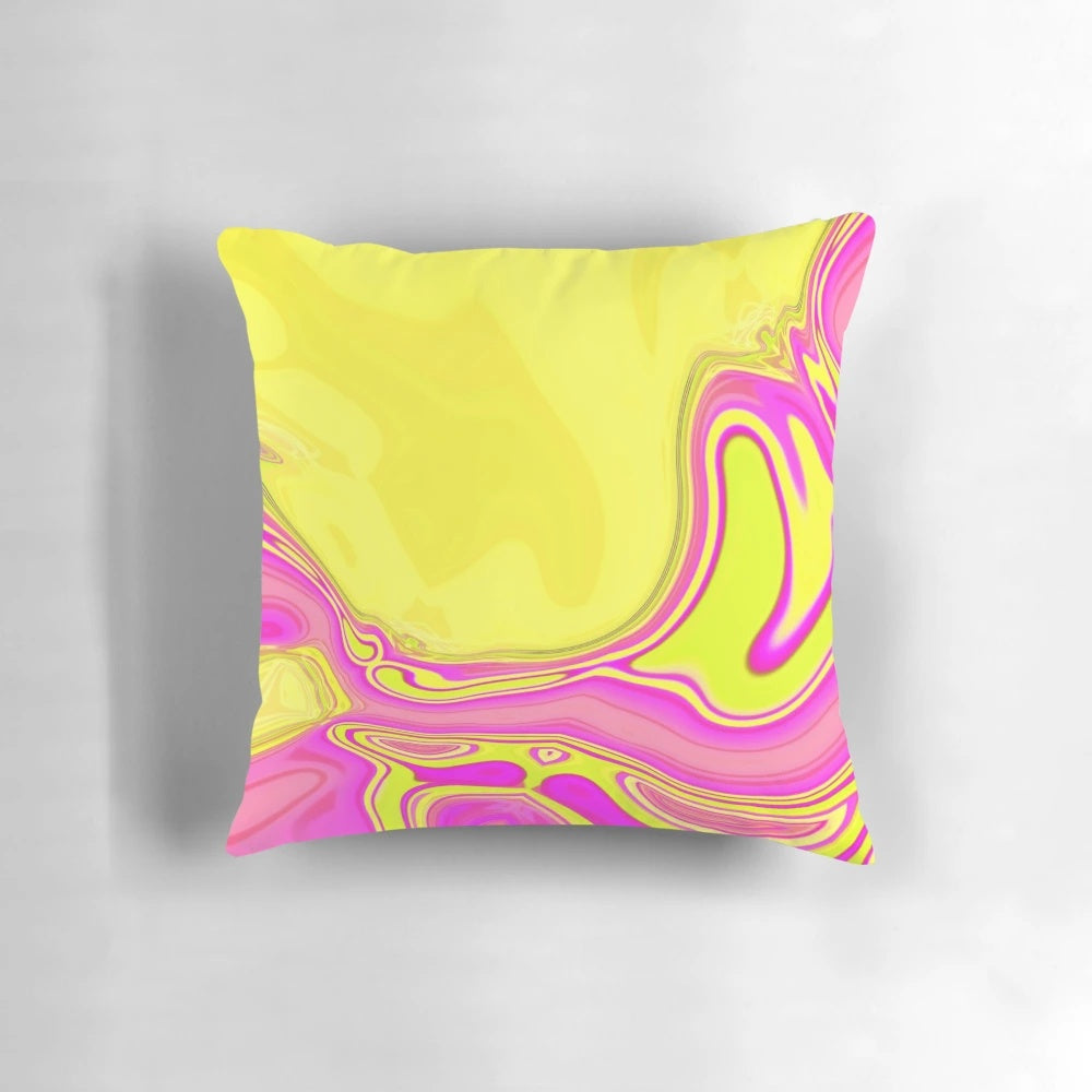 1980s inspired preppy pastel pink and yellow marble swirl accent pillow with a mid-century modern boho chic design.