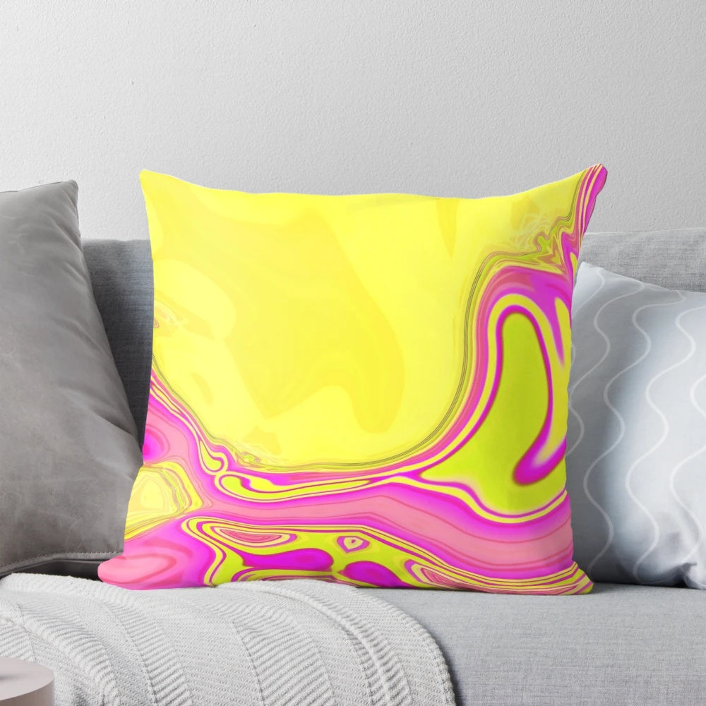 1980s inspired preppy pastel pink and yellow marble swirl accent pillow with a mid-century modern boho chic design.