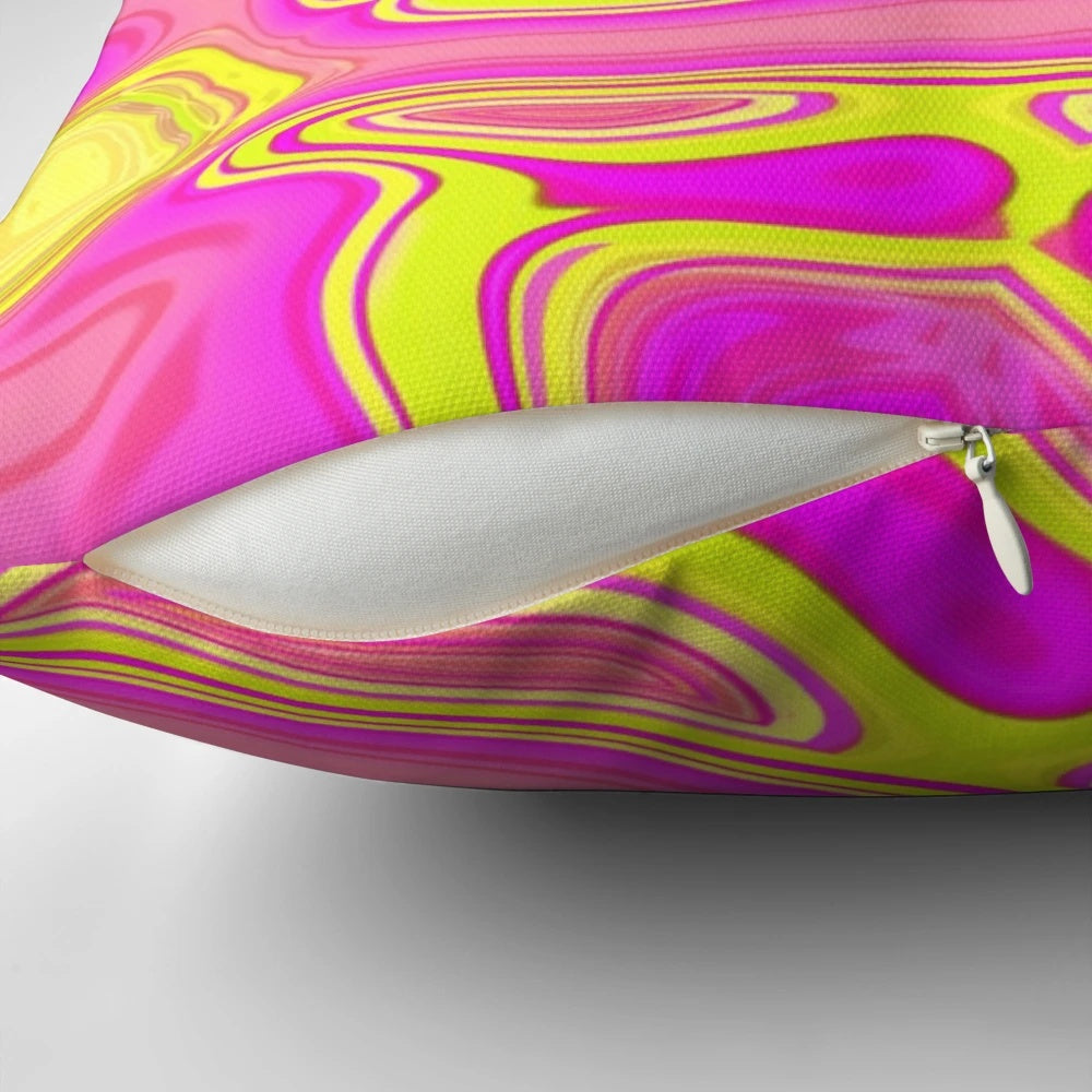 1980s inspired preppy pastel pink and yellow marble swirl accent pillow with a mid-century modern boho chic design.