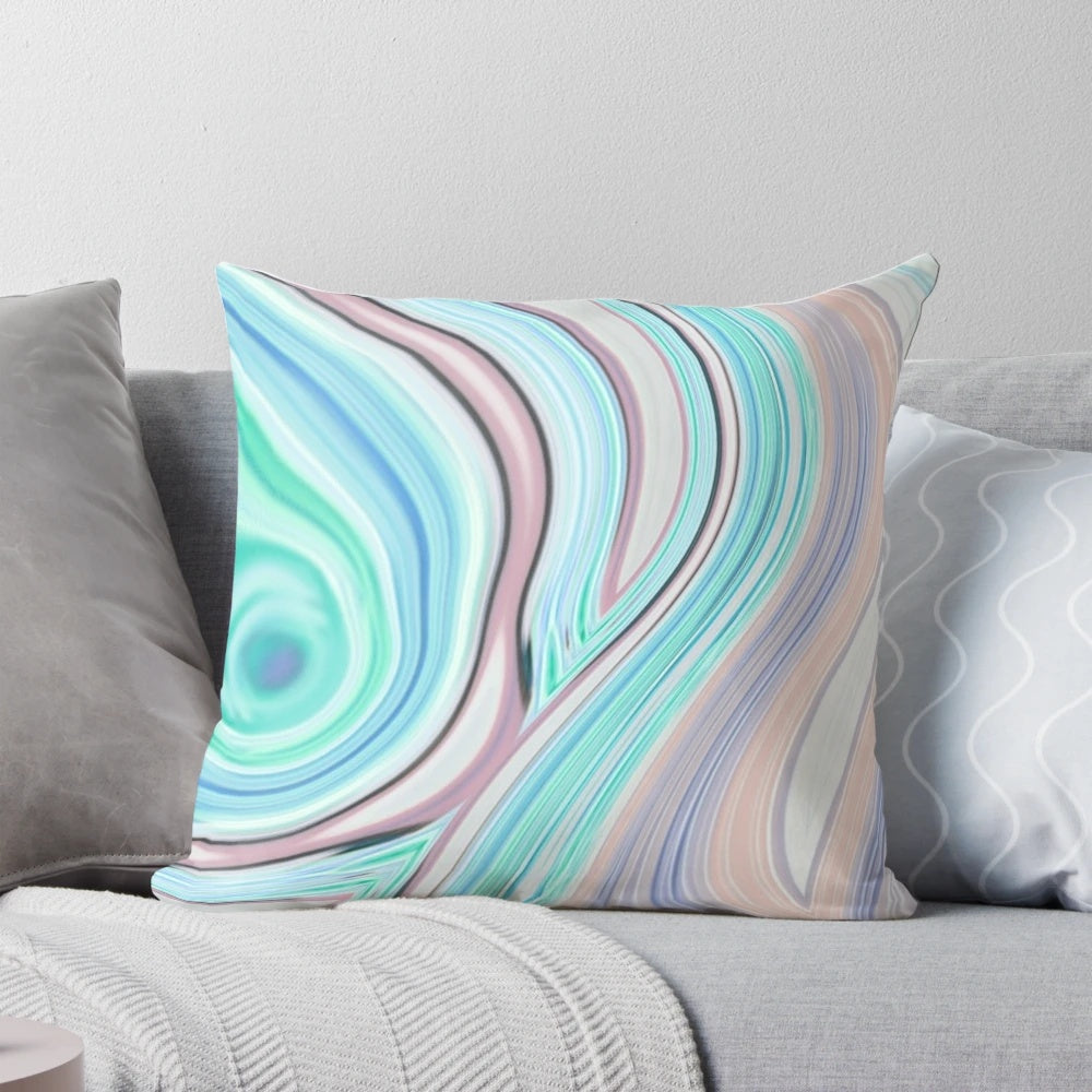 Preppy abstract pastel lilac, mint, and blue swirls decorative pillow with a modern minimalist marble texture design