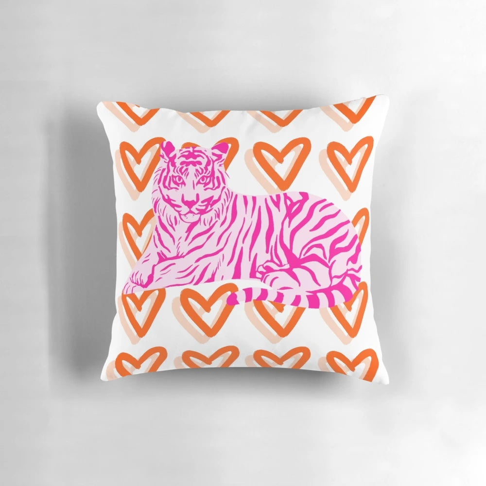 Preppy abstract wall art pillow featuring a pink and orange tiger and heart design