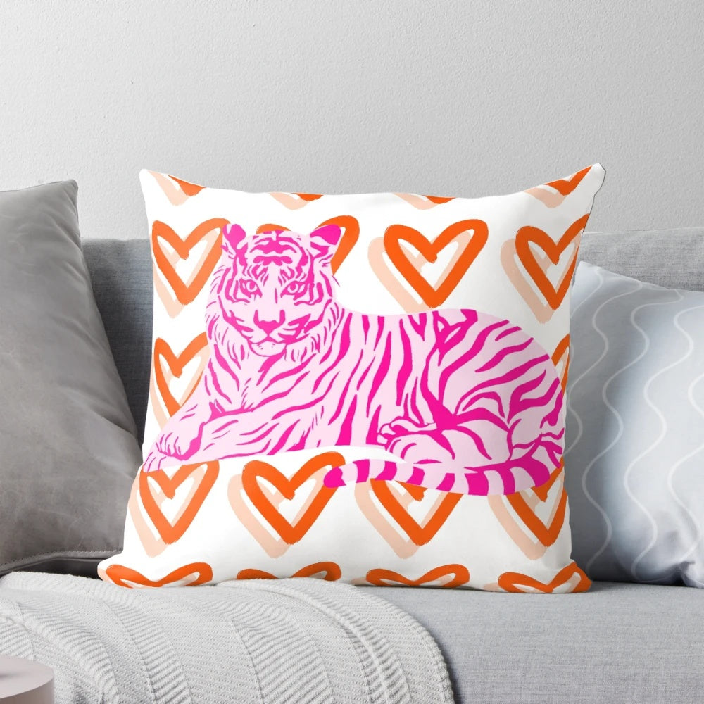 Preppy abstract wall art pillow featuring a pink and orange tiger and heart design