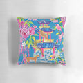 Preppy cheetah print pillow with chinoiserie garden design in shades of cornflower blue and pink