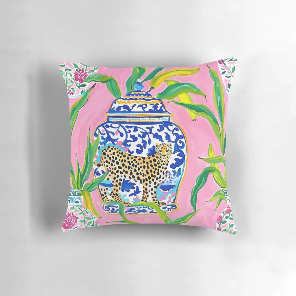 Preppy, grandmillennial ginger jars, cheetah and banana leaves on bubblegum pink decorative pillow