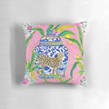 Preppy, grandmillennial ginger jars, cheetah and banana leaves on bubblegum pink decorative pillow