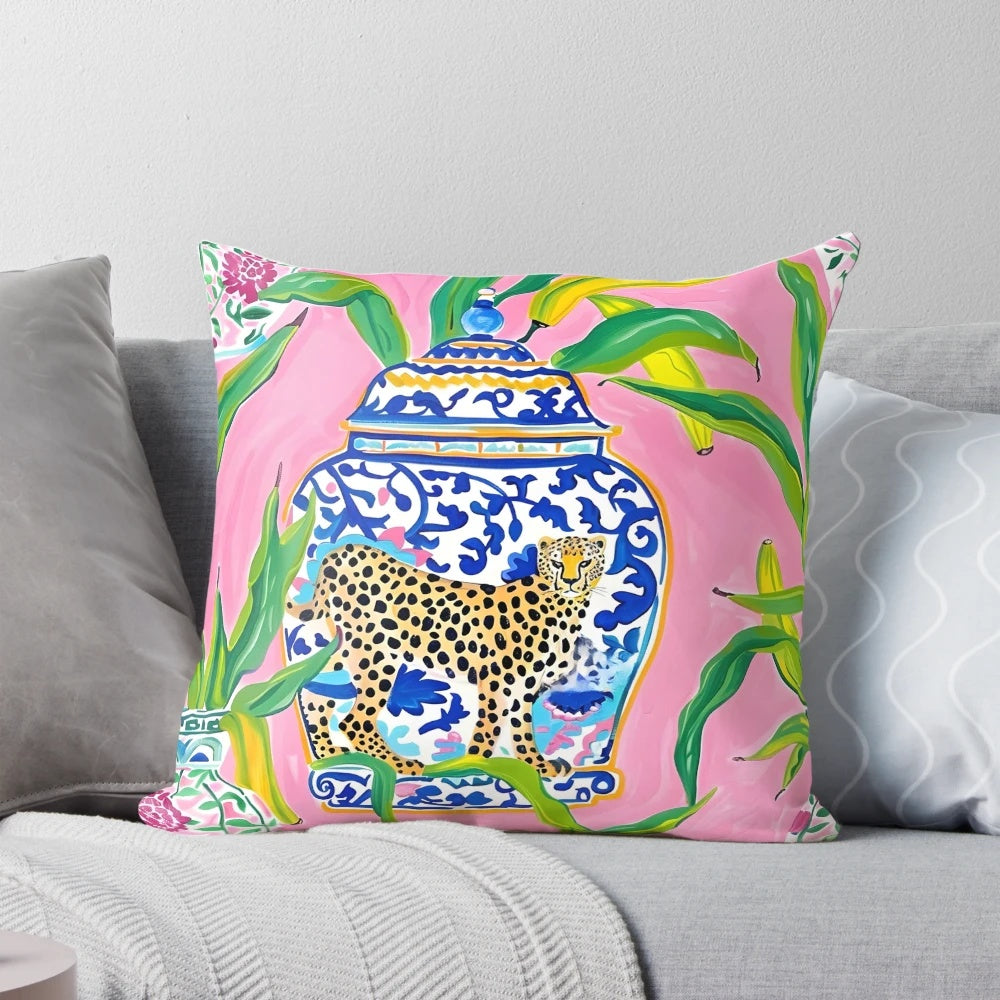 Preppy, grandmillennial ginger jars, cheetah and banana leaves on bubblegum pink decorative pillow