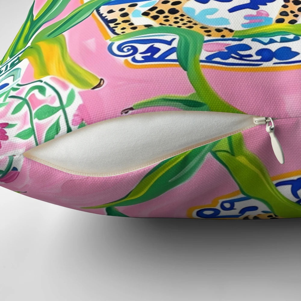 Preppy, grandmillennial ginger jars, cheetah and banana leaves on bubblegum pink decorative pillow