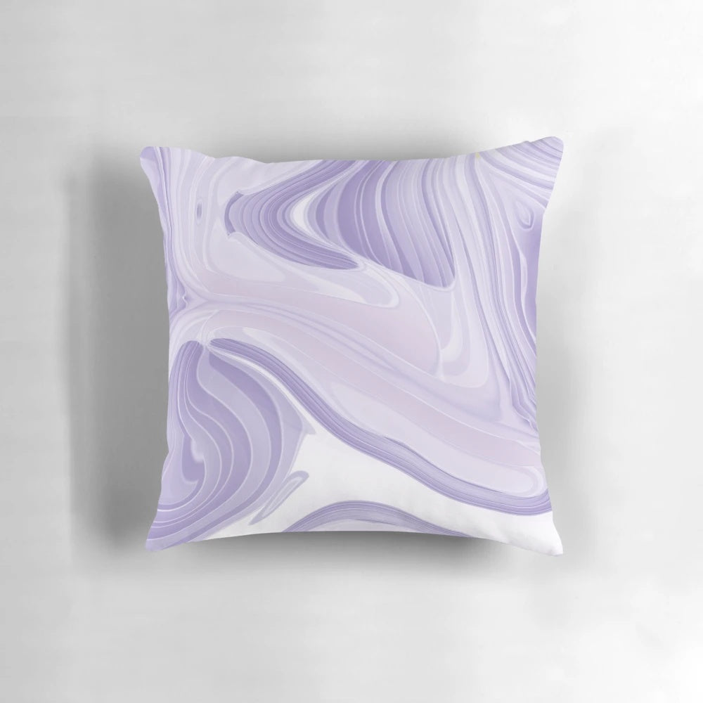 Preppy pastel lilac and purple marble swirls printed on a mid-century modern style accent pillow.