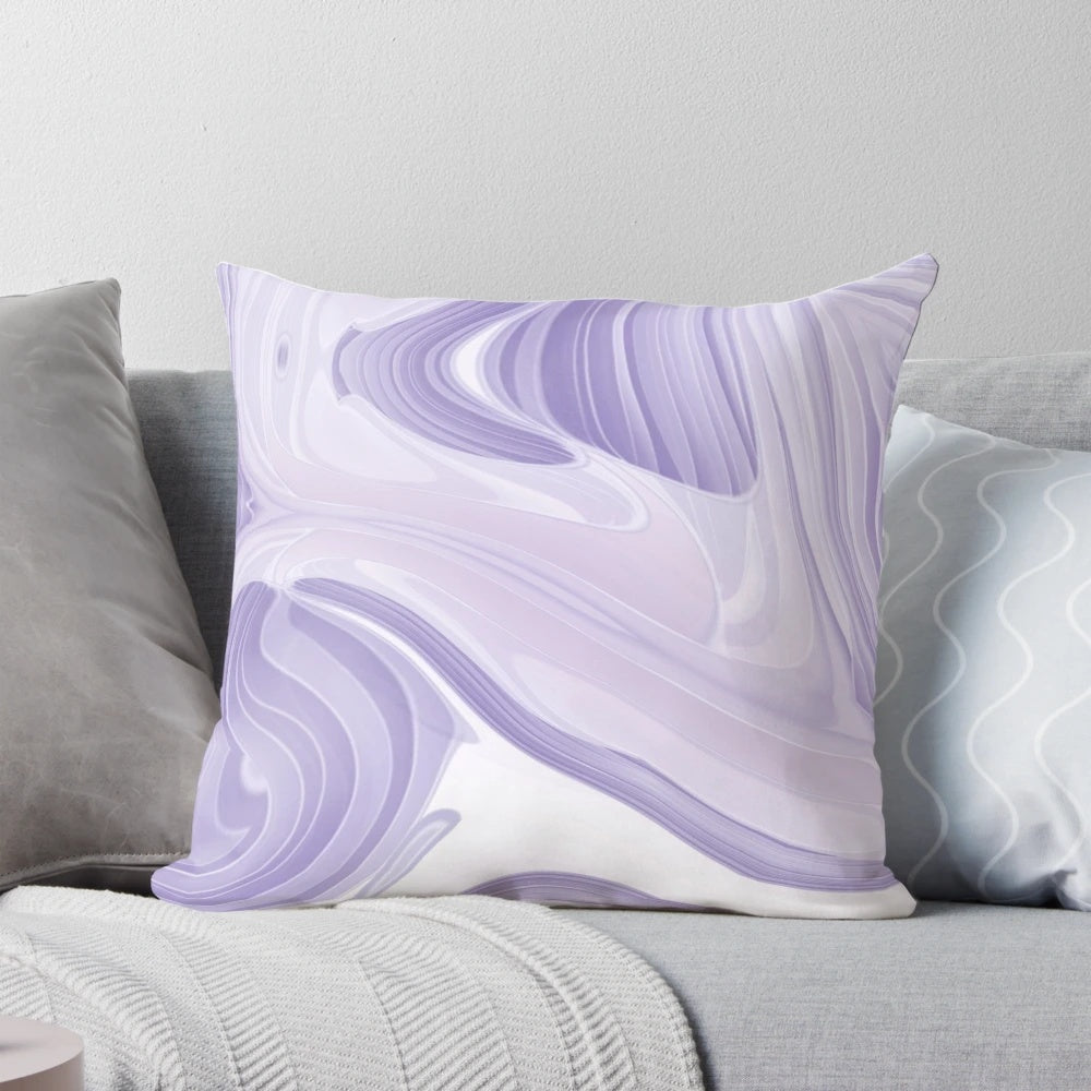 Preppy pastel lilac and purple marble swirls printed on a mid-century modern style accent pillow.