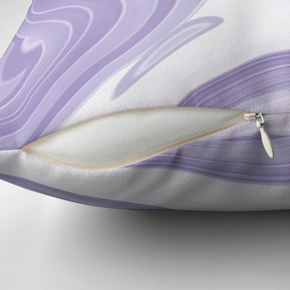 Preppy pastel lilac and purple marble swirls printed on a mid-century modern style accent pillow.