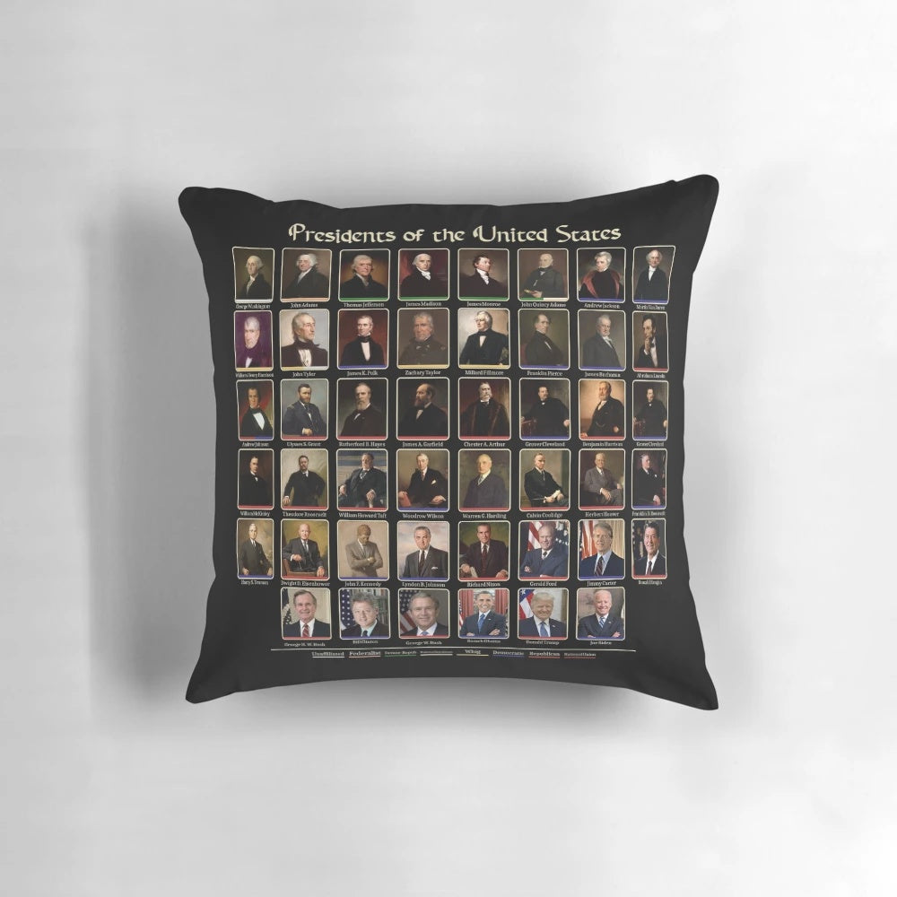 Pillow featuring portraits of the 46 Presidents of the United States, including President Joe Biden.