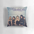 "Pretty Little Liars themed decorative pillow with characters and show branding"