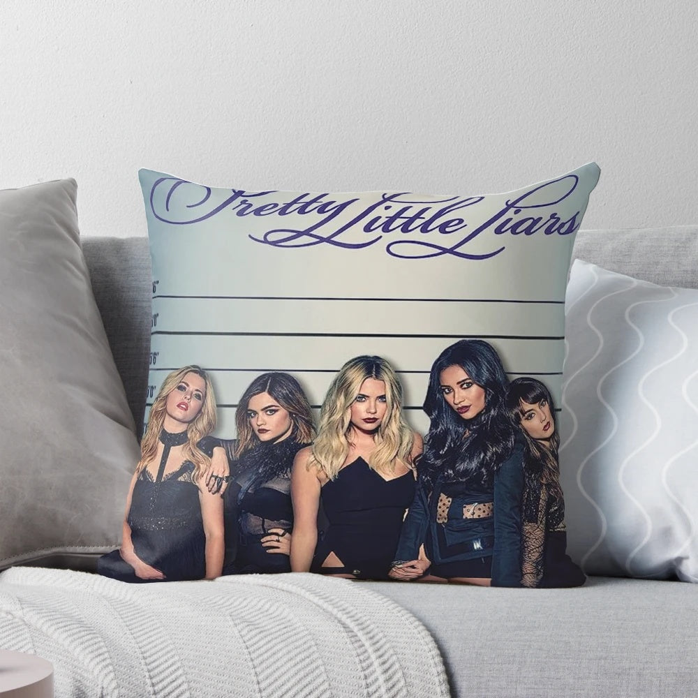 "Pretty Little Liars themed decorative pillow with characters and show branding"
