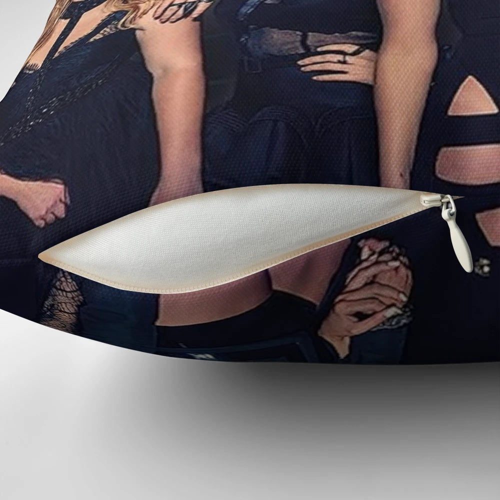 "Pretty Little Liars themed decorative pillow with characters and show branding"