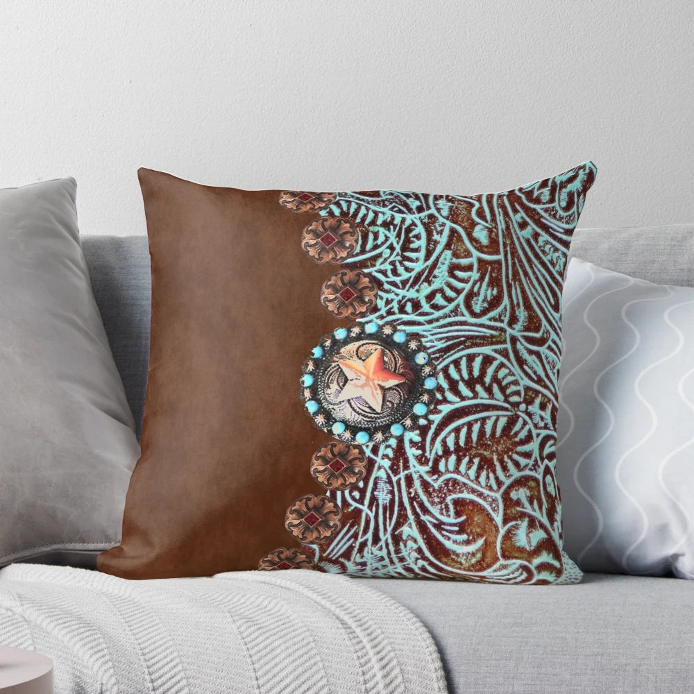 Primitive cowboy cowgirl western country turquoise brown decorative pillow