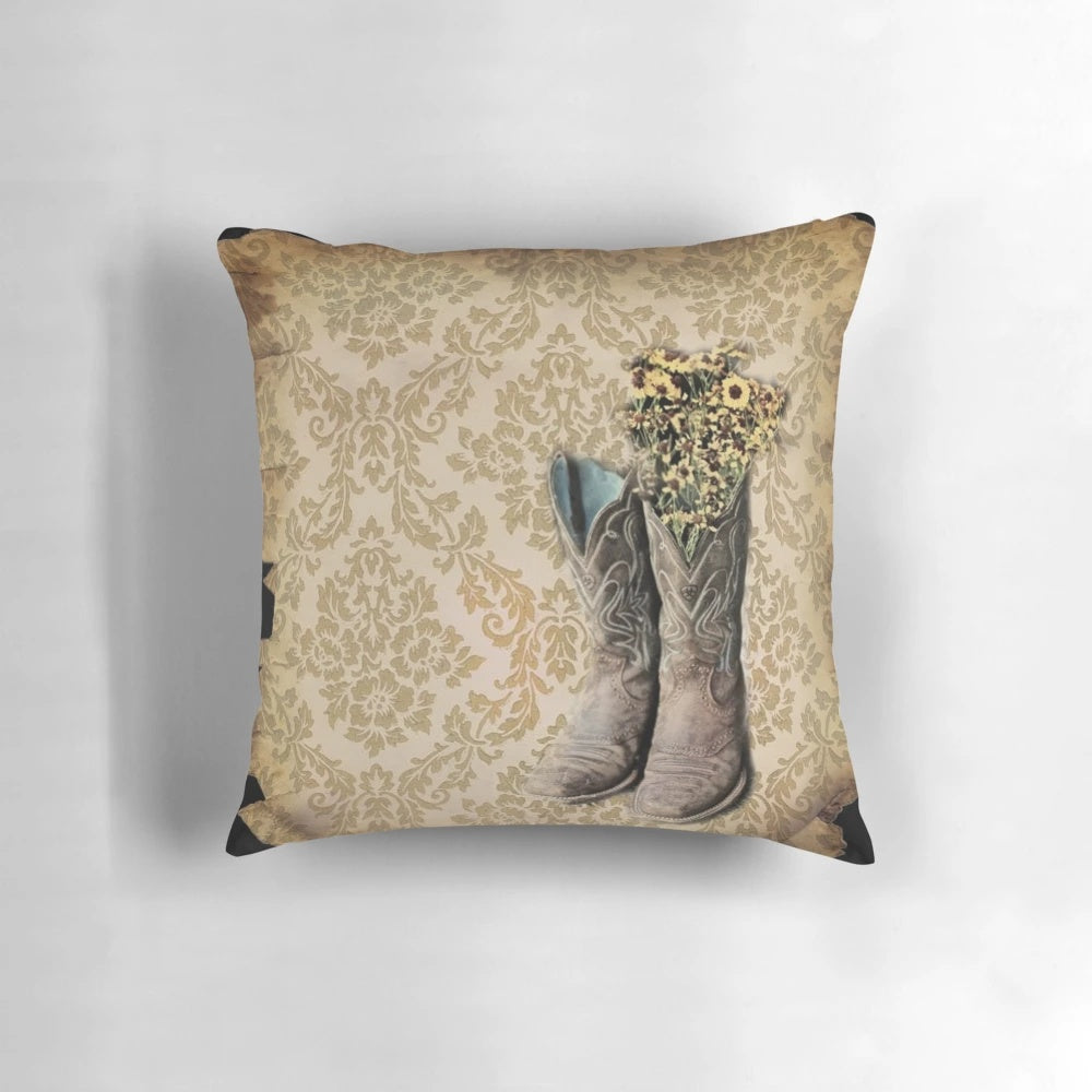 Primitive Wildflower Brown Damask Cowboy Boots for Rustic Western Country Decor