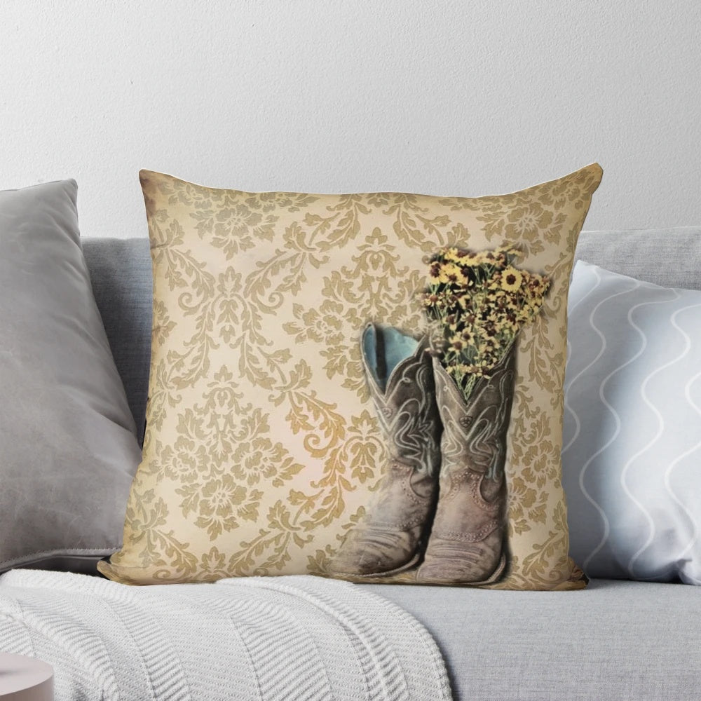 Primitive Wildflower Brown Damask Cowboy Boots for Rustic Western Country Decor