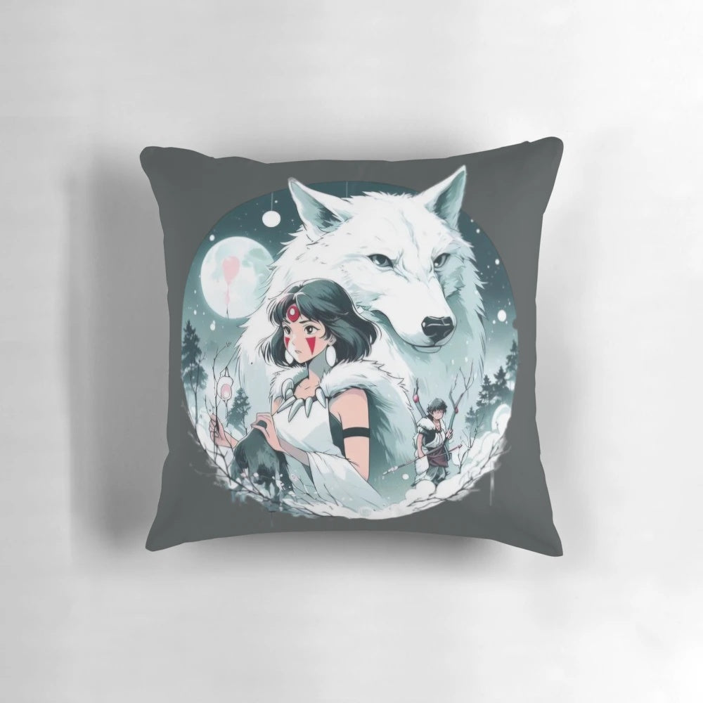Beautifully crafted pillow featuring the characters San and Moro from the beloved anime film Princess Mononoke