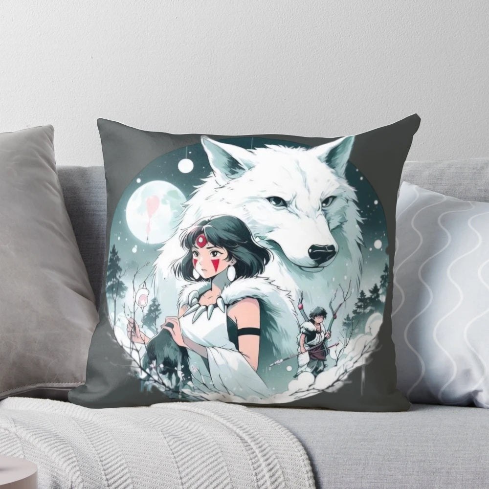 Beautifully crafted pillow featuring the characters San and Moro from the beloved anime film Princess Mononoke