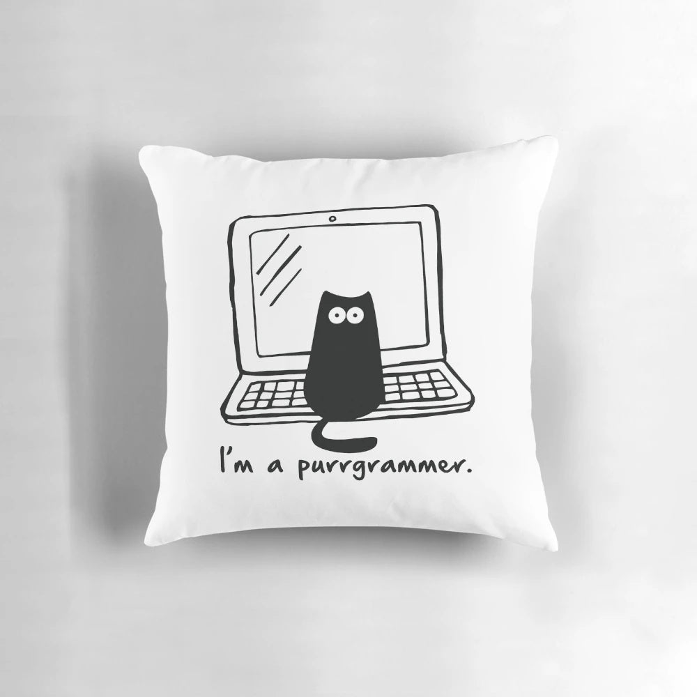 Soft, plush programmer cat pillow with a playful, geeky design