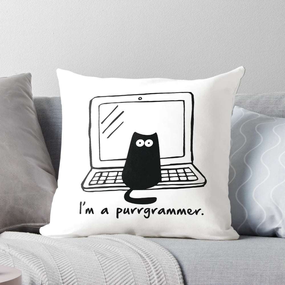 Soft, plush programmer cat pillow with a playful, geeky design