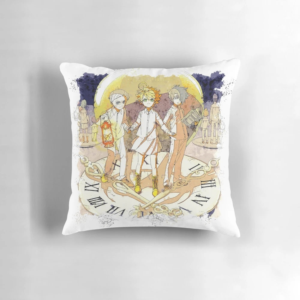 Promised Neverland Watercolor Pillow featuring characters Emma, Norman, and Ray