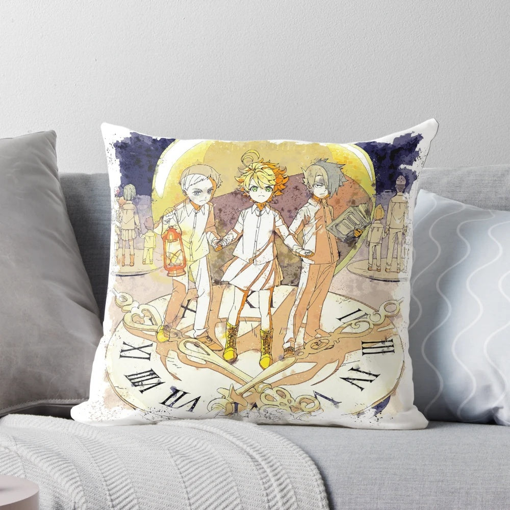 Promised Neverland Watercolor Pillow featuring characters Emma, Norman, and Ray