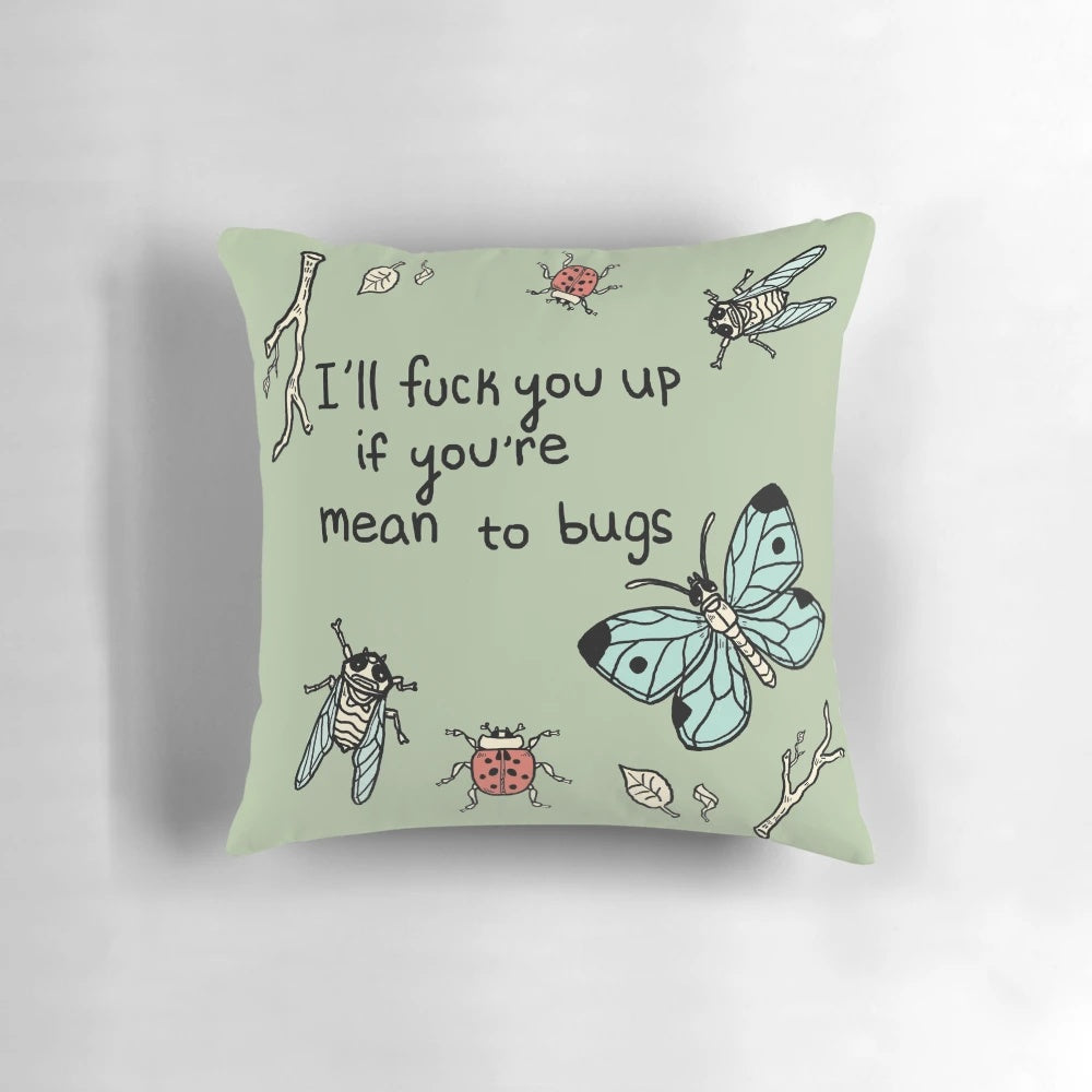 A whimsical throw pillow featuring a playful design with various bugs and insects, promoting environmental awareness and nature conservation.