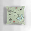 A whimsical throw pillow featuring a playful design with various bugs and insects, promoting environmental awareness and nature conservation.