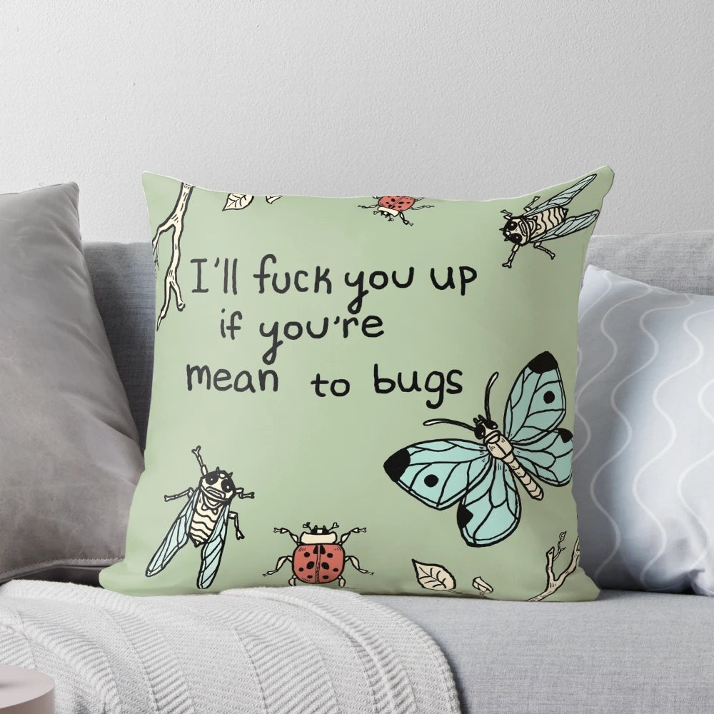 A whimsical throw pillow featuring a playful design with various bugs and insects, promoting environmental awareness and nature conservation.